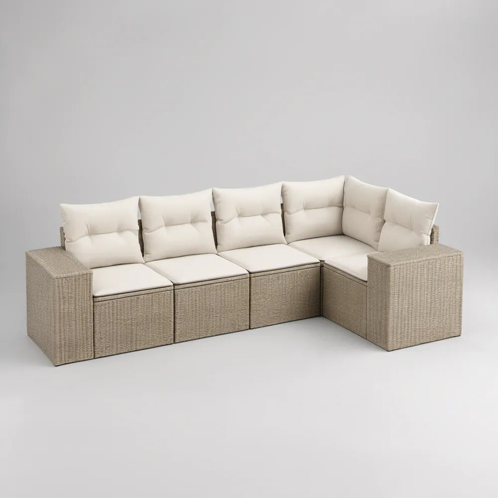 4-osobowy modułowy narożnik ogrodowy w kształcie L z technorattanu PE, beżowy/ecru, 300 x 225 x 70 cm
