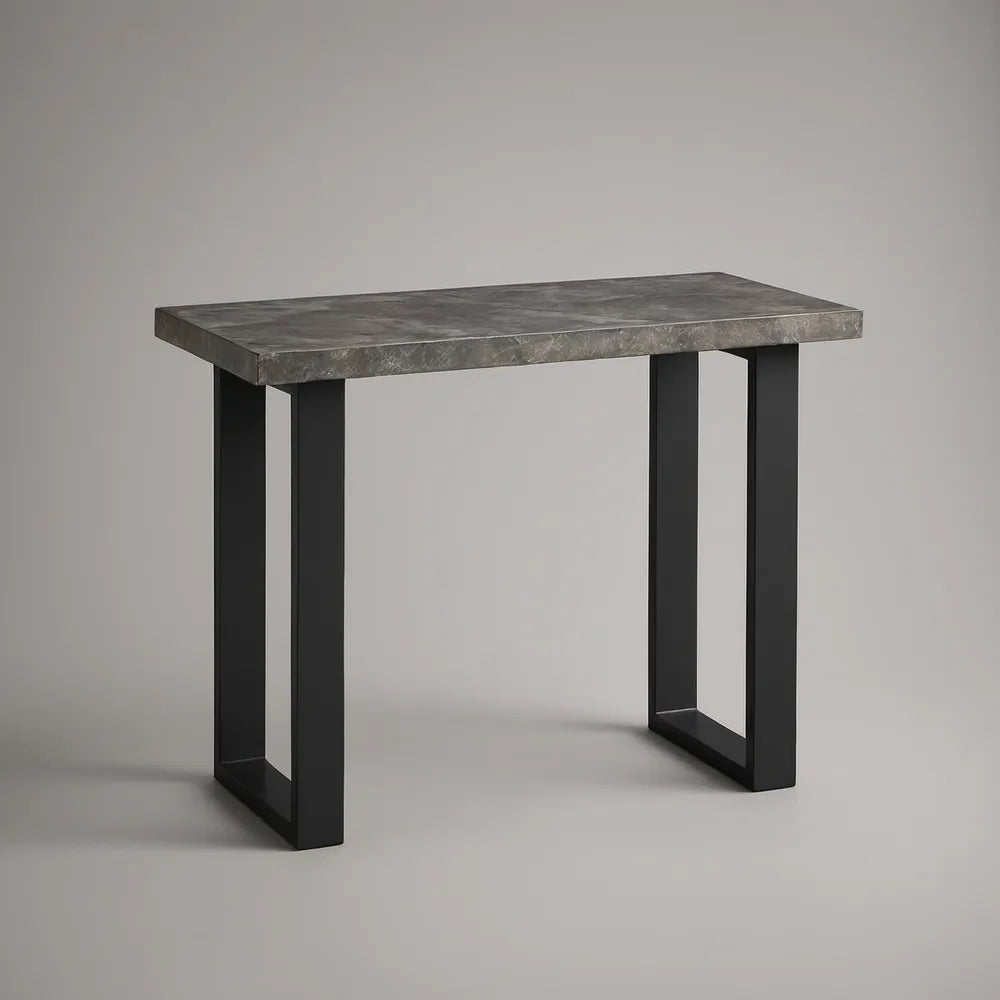 Prostokątny stół barowy 120 × 60 × 105 cm z blatem MDF w dekorze szarego kamienia i czarną stalową podstawą