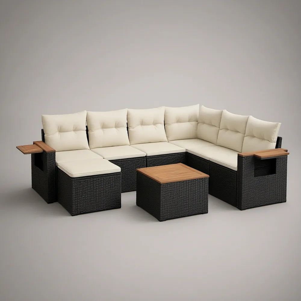 6-osobowa narożna sofa ogrodowa ze stolikiem 300 × 230 × 80 cm Czarna/Kremowa/Brązowa