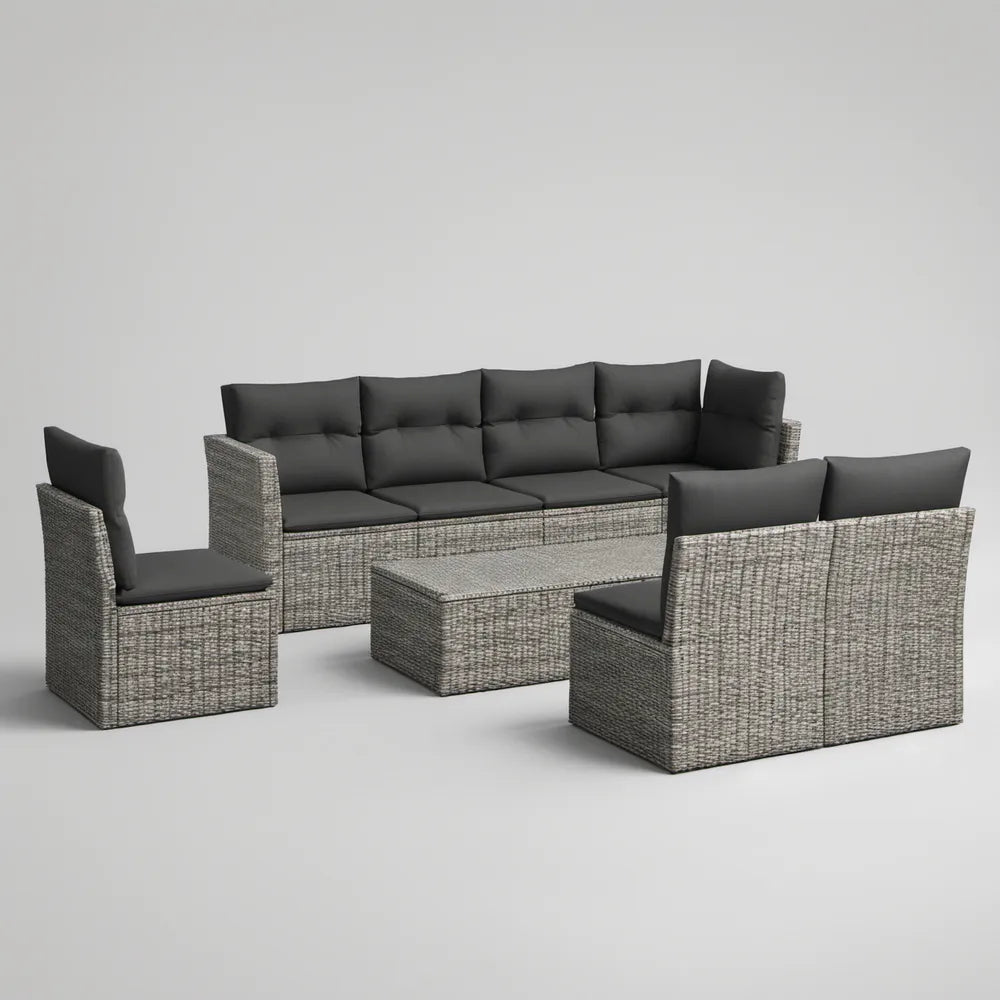 Zestaw wypoczynkowy z technorattanu: sofa 3-osobowa, 2 fotele i stolik, szaro-czarny, sofa 180 x 70 x 75 cm