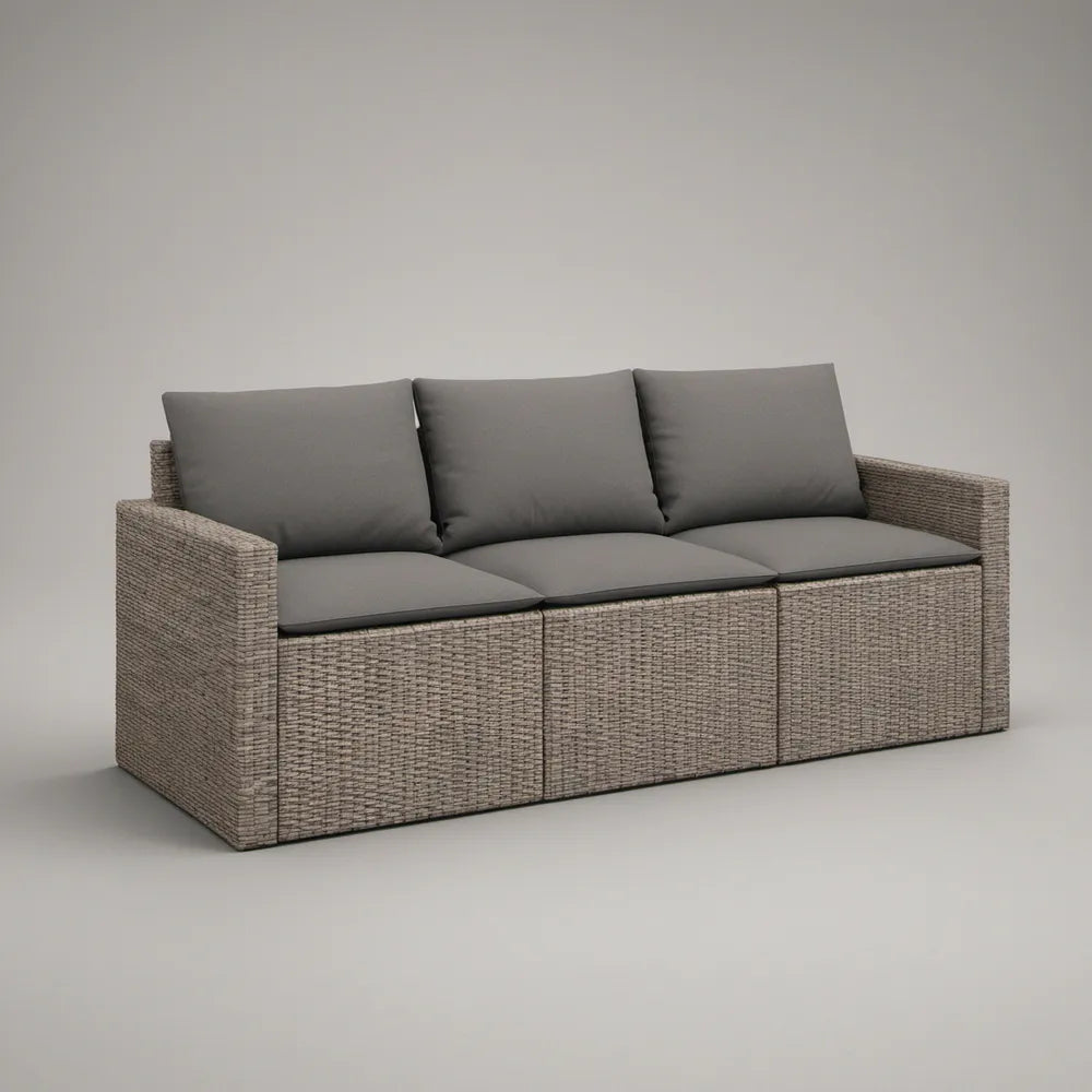 3-osobowa sofa ogrodowa z technorattanu PE 210 x 80 x 75 cm szarobrązowa z ciemnoszarymi poduszkami