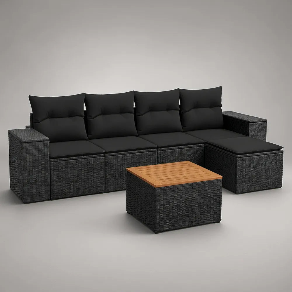 Narożnik ogrodowy z technorattanu PE ze stolikiem 235 × 150 × 65 cm, czarny/brązowy