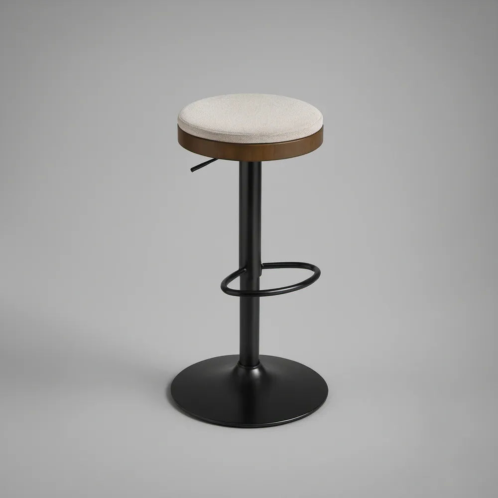 Regulowany hoker barowy z okrągłym siedziskiem bouclé, kremowy/orzechowy/czarny, 62–82 cm