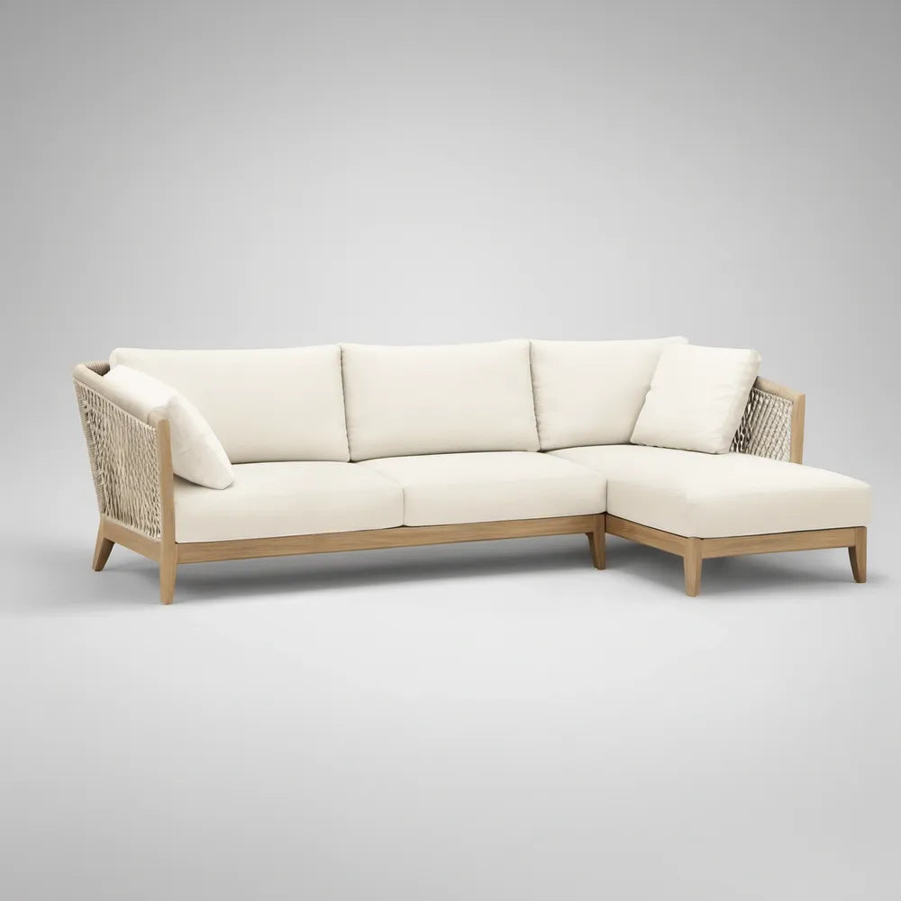 Narożnik ogrodowy 3-osobowy z prawostronnym szezlongiem 270 x 160 x 75 cm, biały/naturalny/beżowy