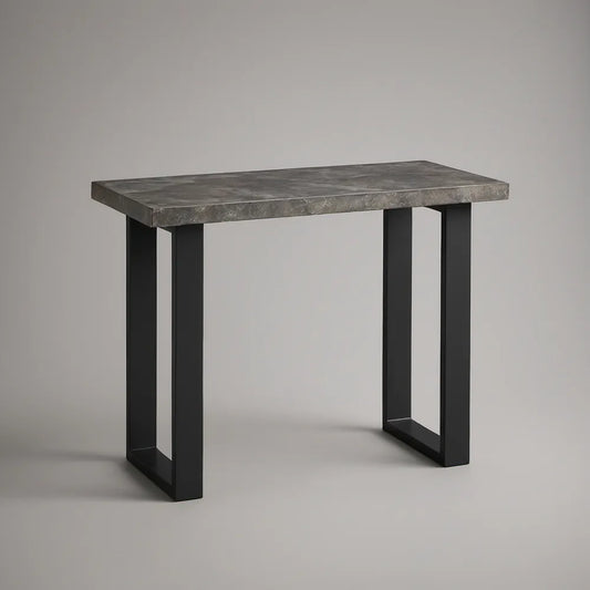 Prostokątny stół barowy 120 × 60 × 105 cm z blatem MDF w dekorze szarego kamienia i czarną stalową podstawą