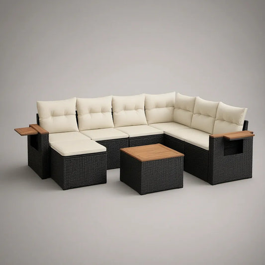 6-osobowa narożna sofa ogrodowa ze stolikiem 300 × 230 × 80 cm Czarna/Kremowa/Brązowa