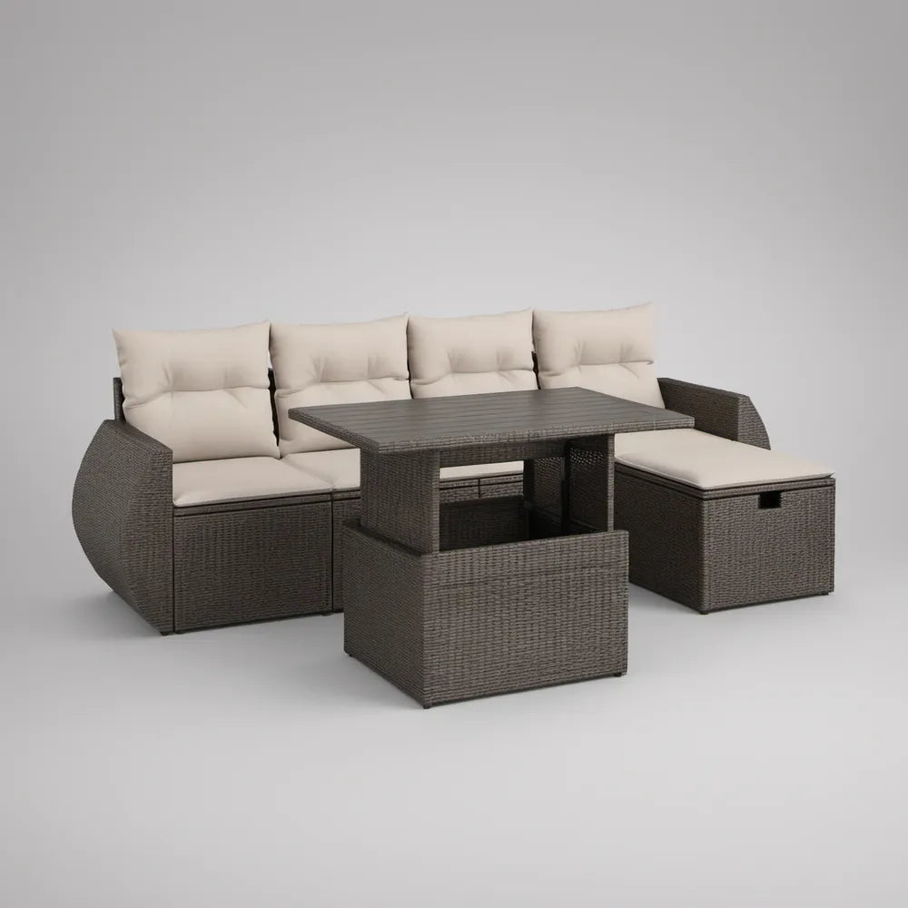 Brązowo-beżowy zestaw wypoczynkowy z technorattanu PE – sofa 180 × 75 × 70 cm, stół 145 × 75 × 68 cm, 2 pufy