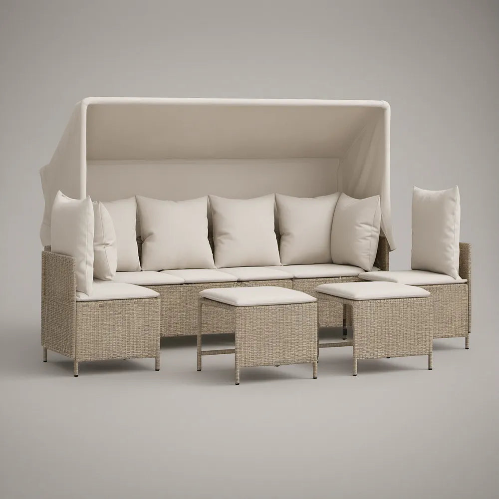 Beżowy zestaw wypoczynkowy z technorattanu z baldachimem 310 x 80 x 205 cm