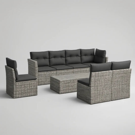 Zestaw wypoczynkowy z technorattanu: sofa 3-osobowa, 2 fotele i stolik, szaro-czarny, sofa 180 x 70 x 75 cm