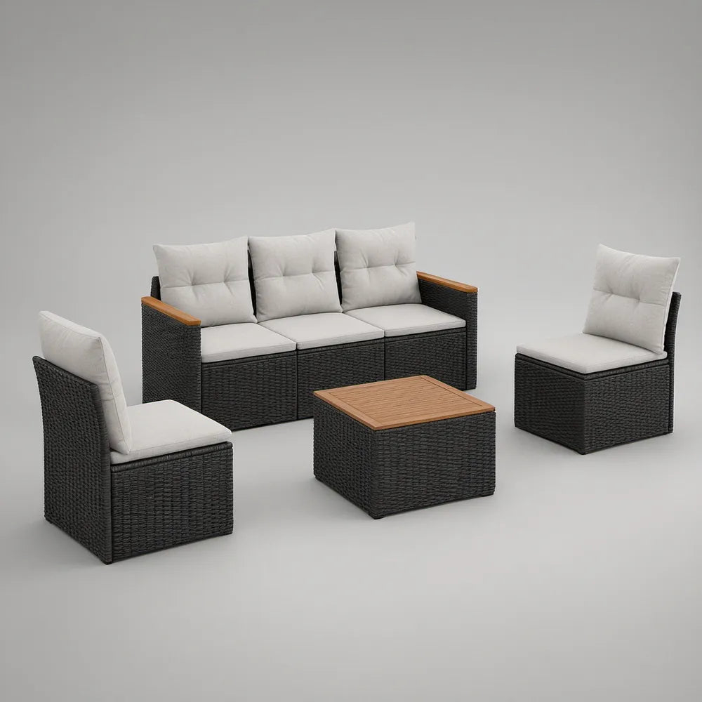 Zestaw ogrodowy z technorattanu: sofa 3-osobowa, 2 fotele i stolik 90 x 50 x 40 cm, Czarny/Jasnoszary/Brązowy