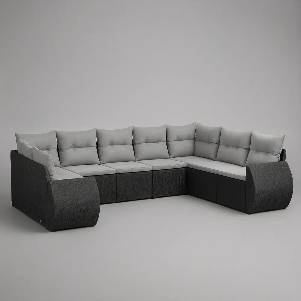 Modułowy narożnik ogrodowy 6-osobowy w kształcie L z technorattanu PE czarno-szary 300 x 230 x 85 cm