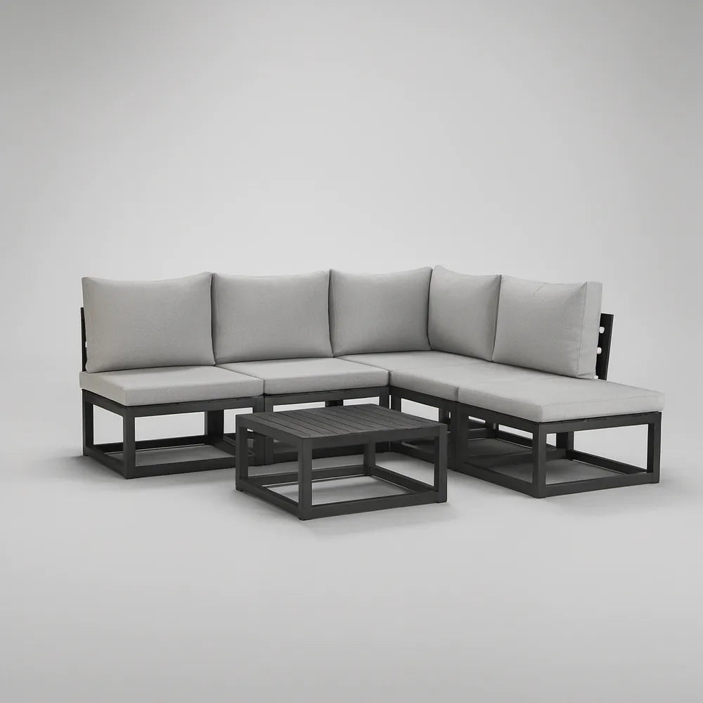 Aluminiowy zestaw narożny ze stolikiem, czarno-jasnoszary, 218 x 158 x 65 cm