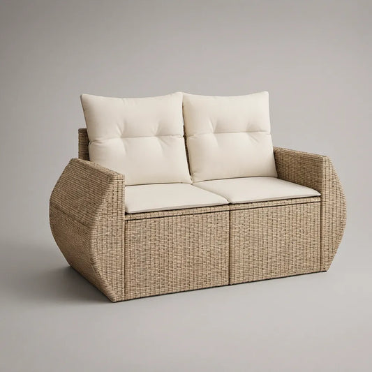 Dwuosobowa sofa ogrodowa z technorattanu PE, beżowo-kremowa, 140 x 78 x 85 cm