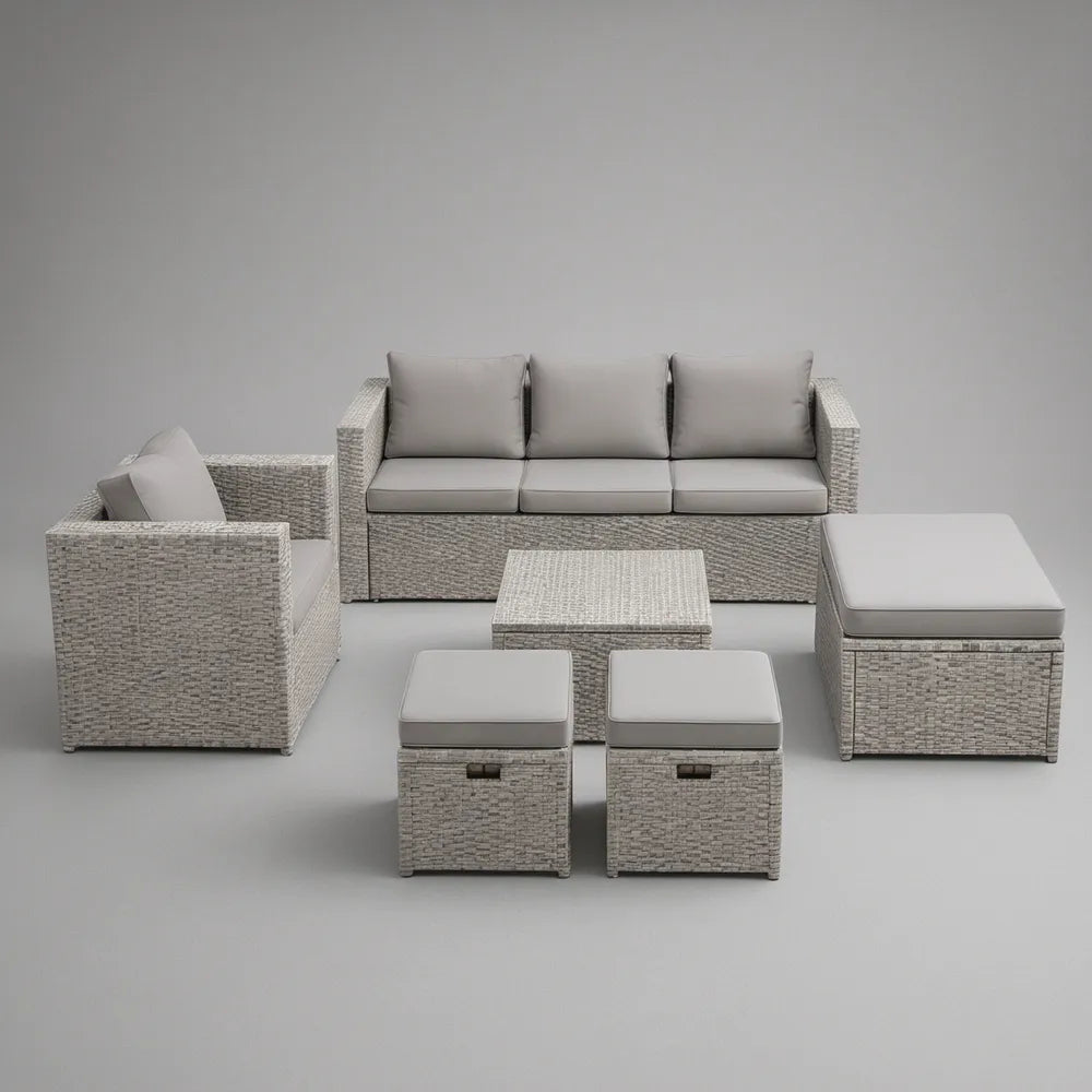 6-częściowy komplet wypoczynkowy z technorattanu, jasnoszary/szary, sofa 180 × 75 × 70 cm