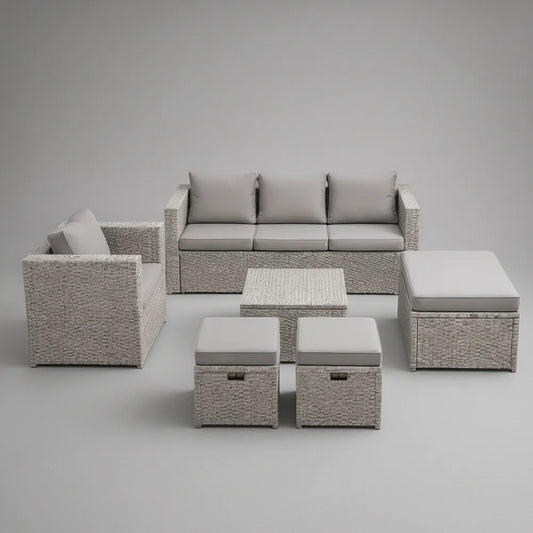 6-częściowy komplet wypoczynkowy z technorattanu, jasnoszary/szary, sofa 180 × 75 × 70 cm