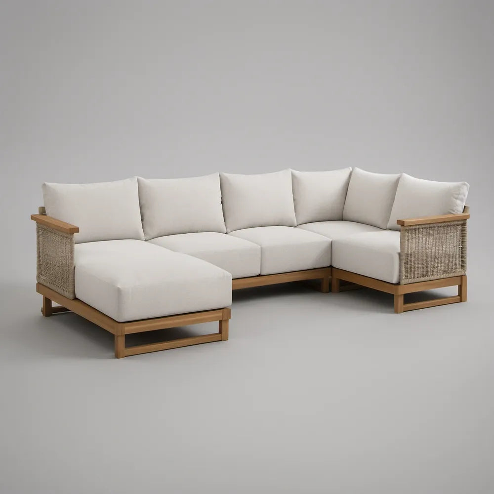 Ogrodowa sofa narożna w kształcie L z drewna akacjowego, brązowo-beżowa z kremowymi poduszkami, 280 x 200 x 78 cm