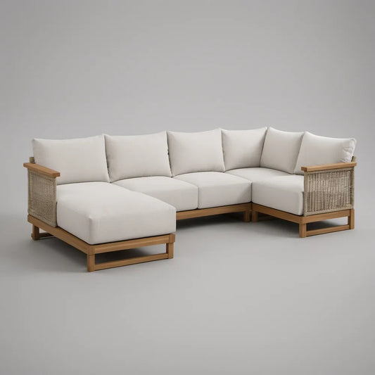 Ogrodowa sofa narożna w kształcie L z drewna akacjowego, brązowo-beżowa z kremowymi poduszkami, 280 x 200 x 78 cm