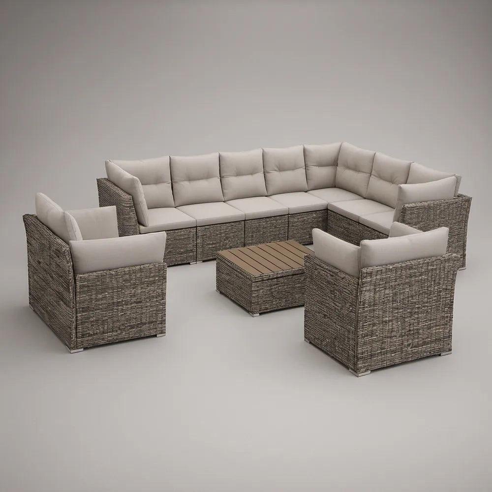 Ogrodowy komplet z technorattanu z narożnikiem 280 × 220 × 78 cm, 2 fotelami i stolikiem 80 × 80 cm – szary/beżowy/brązowy