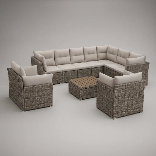 Ogrodowy komplet z technorattanu z narożnikiem 280 × 220 × 78 cm, 2 fotelami i stolikiem 80 × 80 cm – szary/beżowy/brązowy