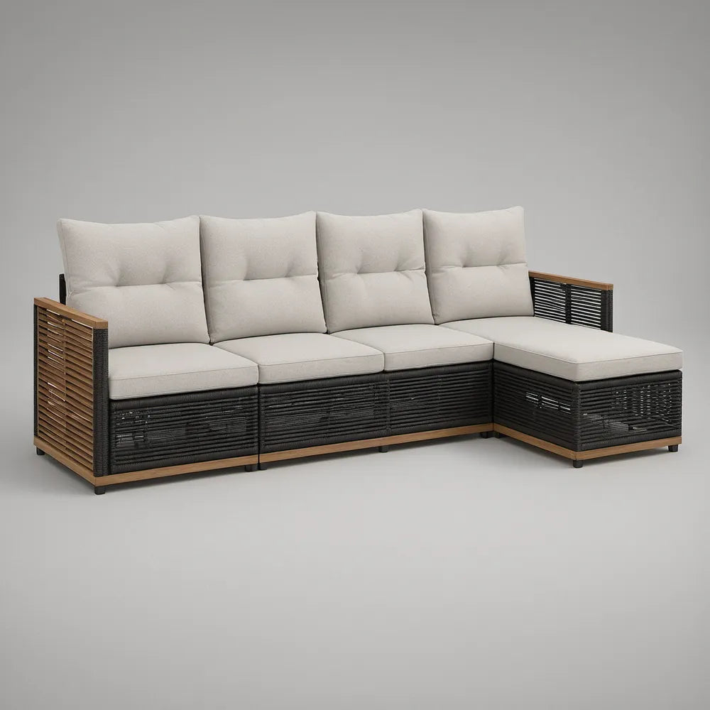 4-osobowa narożna sofa ogrodowa L z technorattanu i drewna akacjowego, czarno-brązowa z beżowymi poduszkami, 250 x 180 x 85 cm