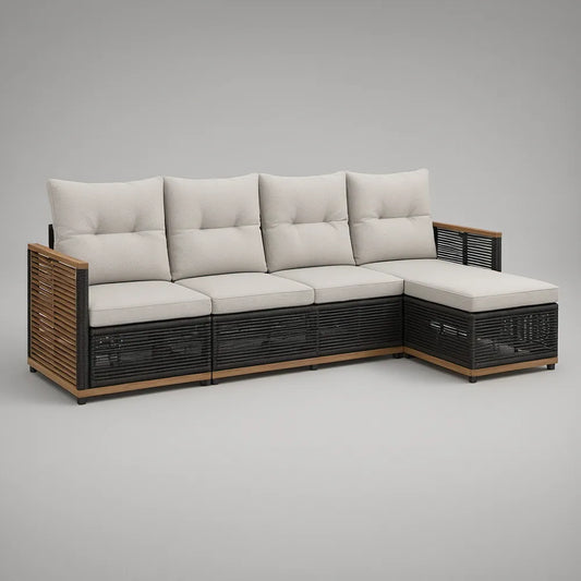 4-osobowa narożna sofa ogrodowa L z technorattanu i drewna akacjowego, czarno-brązowa z beżowymi poduszkami, 250 x 180 x 85 cm
