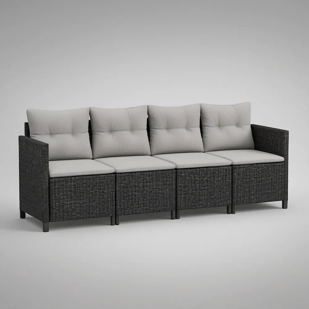 4-osobowa sofa ogrodowa modułowa z technorattanu PE 280 x 70 x 70 cm Czarna/Jasnoszara