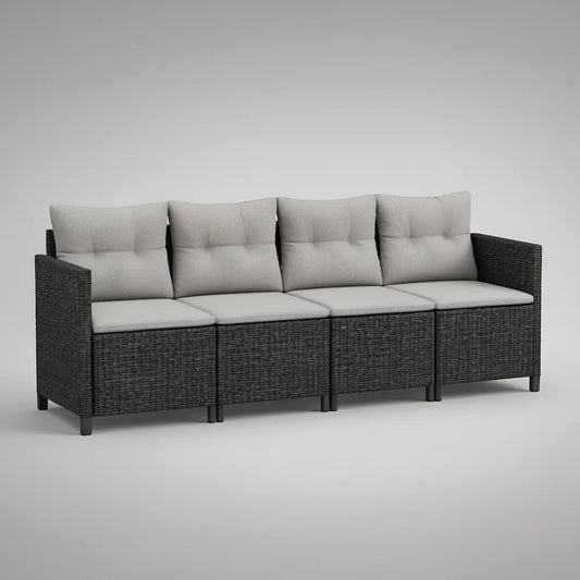 4-osobowa sofa ogrodowa modułowa z technorattanu PE 280 x 70 x 70 cm Czarna/Jasnoszara