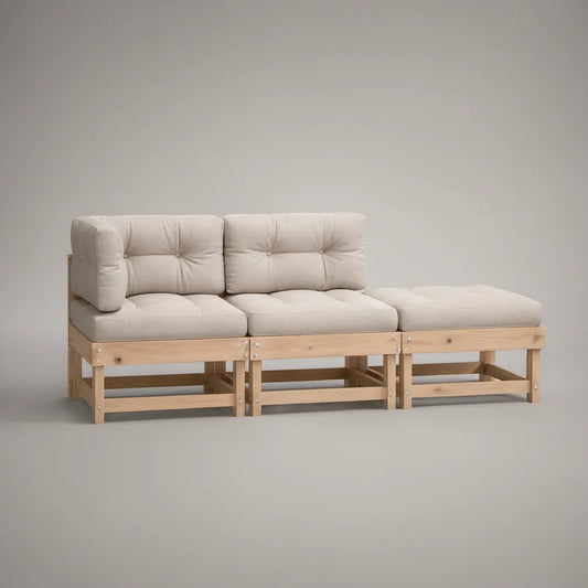 Modułowa sofa ogrodowa 2-osobowa z podnóżkiem, lite drewno sosnowe, beżowa, 210 x 70 x 68 cm