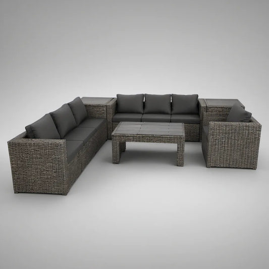 7-osobowy zestaw wypoczynkowy z technorattanu PE, 2 sofy 177 x 65 x 66 cm, fotel i stolik 100 x 50 x 37 cm, szary/grafitowy
