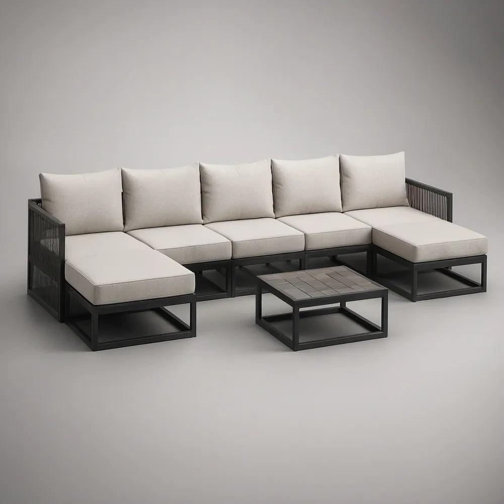 Modułowy narożnik ogrodowy 5-osobowy z aluminiową ramą i stolikiem, czarno-beżowy, 320 × 160 × 65 cm