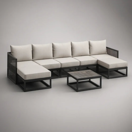 Modułowy narożnik ogrodowy 5-osobowy z aluminiową ramą i stolikiem, czarno-beżowy, 320 × 160 × 65 cm