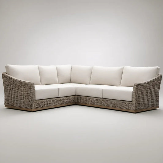Beżowo-kremowa narożna sofa ogrodowa z technorattanu PE, 6-osobowa, 250 x 250 x 85 cm